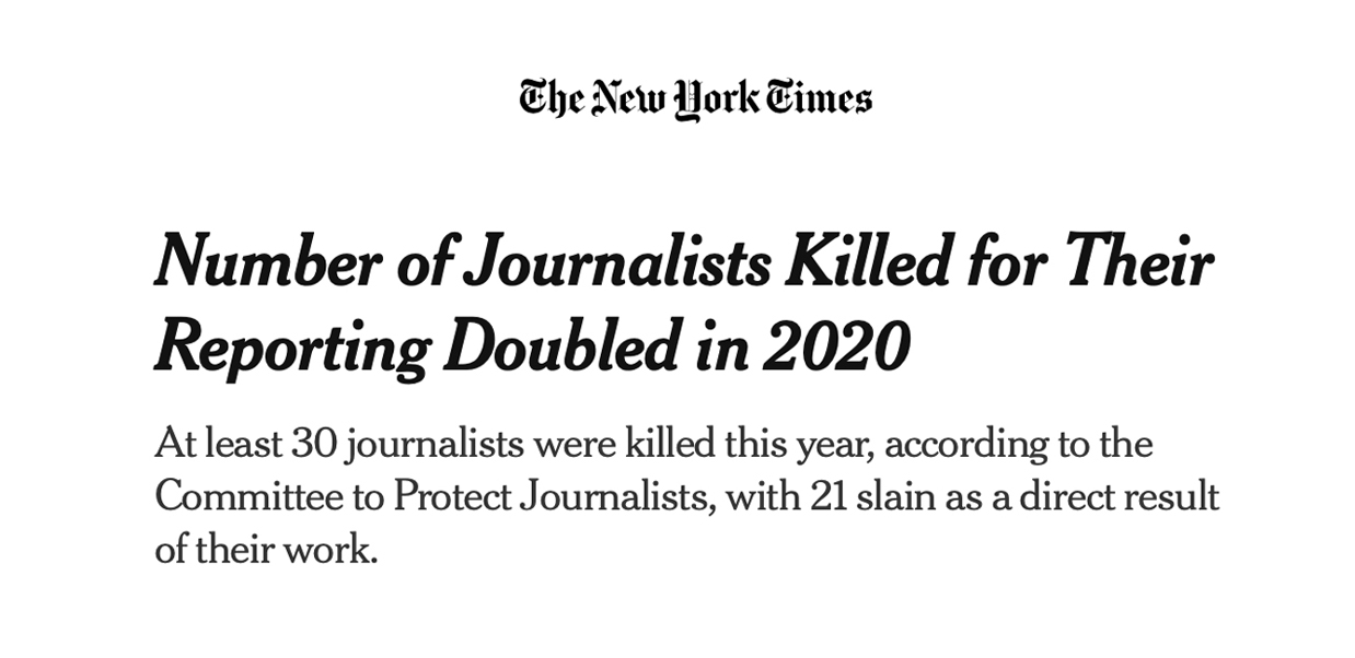 A screenshot of a headline from The New York Times, titled Number of journalists killed for their reporting doubled in 2020